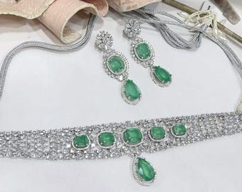 silver plated American diamond premium choker set with earrings/mint diamond necklace set /ad choker set