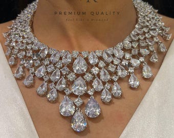 silver plated premium quality American diamond necklace set with earrings/diamond emerald necklace set
