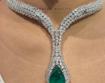 silver plated emerald american diamond statement necklace set with earrings/emerald ad necklace