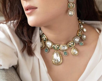 Sabyasachi-inspirerat ljusblått turkosmynta Moissanit polki viktorianskt halsband, indiskt brudhalsband