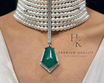 Bollywood inspired silver plated emerald green pearl choker dangler set with earrings