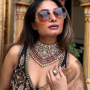 sabyasachi celebrity inspired mossanite polki ruby grand necklace set with earrings/grand ruby necklace set