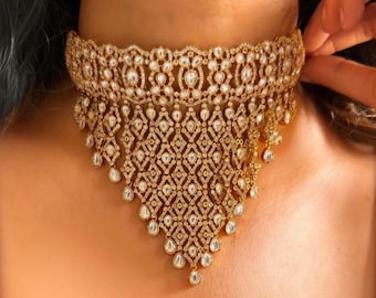 Uncut kundan moissanite polki necklace set with earrings/ sabyasachi necklace set with earrings