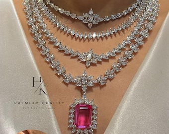 American diamond layered necklace set with earrings/ad necklace set/diamond jewelry/pink diamond necklace