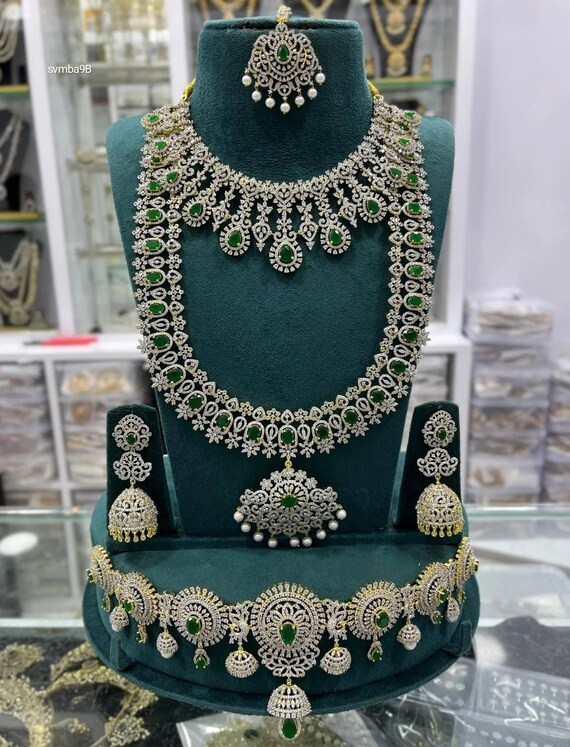 Gold Plated American Diamond Bridal Necklace Set With Long Haram
