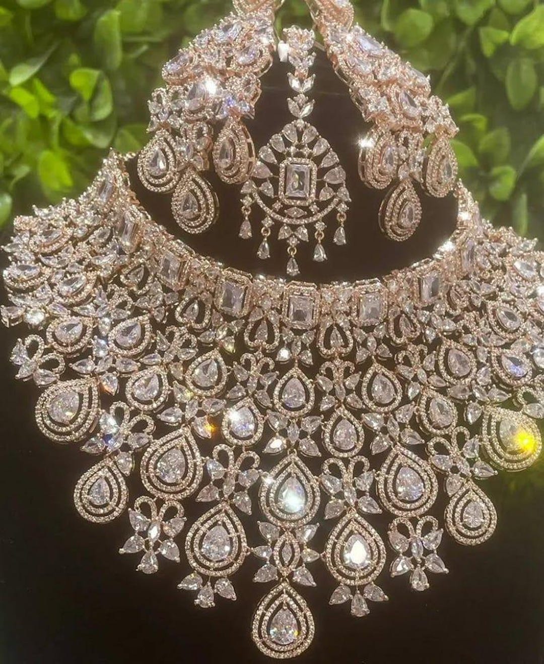 Blush Pink Petal American Diamond Gold Plated Necklace Set