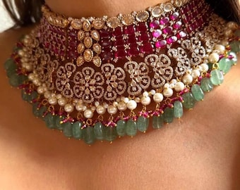 premium quality uncut kundan mossanite ad dual tone statement necklace set with earrings and tikka