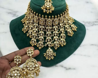 22k gold plated premium quality polki kundan heavy necklace set with earrings and tikka/polki bridal necklace