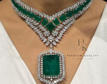 silver plated emerald american diamond statement necklace set with earrings