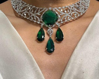 silver plated American diamond necklace set with earrings /emerald ad necklace/ad necklace/ad necklace set with earrings
