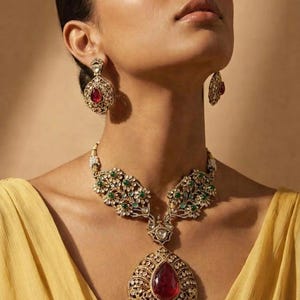 Sabyasachi inspired premium moissanite polki ruby mint emerald necklace set with earrings