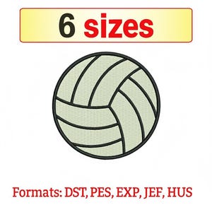 May include: A volleyball design with black outlines and light beige panels. The image includes the text "6 sizes" in a red font, and "Formats: DST, PES, EXP, JEF, HUS" in red font.