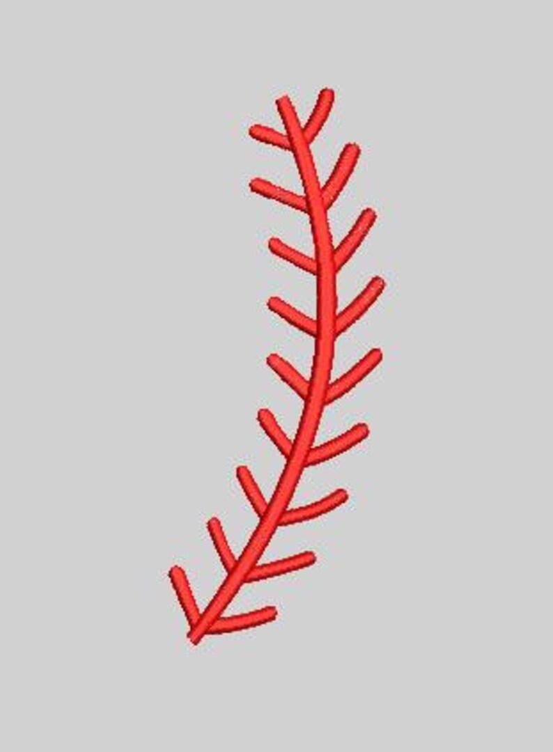 May include: A curved, red baseball stitch design against a light gray background. The stitch is composed of a series of angled, parallel lines, creating a textured, embroidered appearance. This design is suitable for sports-themed crafts.
