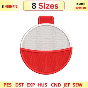 May include: A circular embroidery design featuring a white top half and a red bottom half with a red tab at the top. The text 8 SIZES, 8 FORMATS, INSTANT DOWNLOAD, and PES DST EXP HUS CND JEF SEW are displayed in red and black on a yellow background.