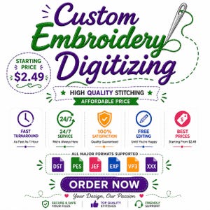 Könnte beinhalten: Eine grafische Anzeige für individuelle Stickerei-Digitalisierungsdienste mit einer silbernen Nadel und grünem Faden. Der Text lautet Custom Embroidery Digitizing, High Quality Stitching, Affordable Price und Order Now.