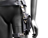 ENTERPRISE Black and Antique Brass Leather Hip Belt - Large Pouch