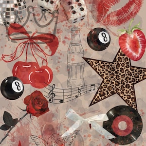 May include: A vintage-style collage featuring various illustrations on a beige backdrop. Includes red stars, leopard print stars, dice, cherries, a bottle, a rose, a vinyl record, a disco ball, a heart, and an 8-ball.