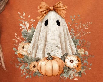 Floral Ghost with Pumpkin Shirt Comfort Colors – Retro Halloween T-Shirt, Cozy Fall October Tee
