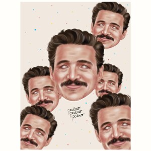 Könnte beinhalten: Illustration mit mehreren Porträts eines Mannes mit dunklem Haar und Schnurrbart, vor einem cremefarbenen Hintergrund mit bunten Punkten. Das Wort "pedro" ist dreimal in Kursivschrift geschrieben.