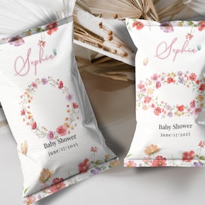 Wildflower Baby Shower Chip Bag & Bottle Label Set – 2 Designs – Floral Baby Shower Favor Wrappers – Editable Printable Snack Labels