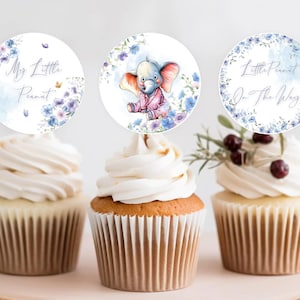 Baby Shower Elephant Cupcake Toppers, Blue Printable Elephant Picks, Editable Baby Boy Cake Decorations Download