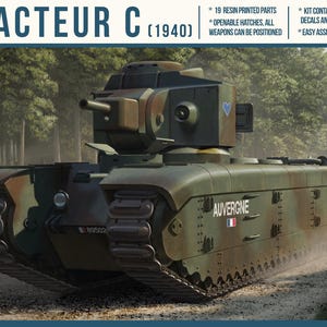 以下が含まれることがあります： 緑、茶、黒の迷彩柄が施されたARL Tracteur C (1940)戦車のスケールモデルキット。戦車の側面には「AUVERGNE」の文字と小さなフランス国旗が描かれています。キットには19個のレジンパーツ、デカール、組み立て説明書が含まれています。
