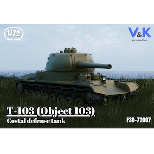 May include: A scale model of a T-103 (Object 103) coastal defense tank, in olive green, set against a backdrop of grass, sea, and sky. The model is labeled with the text "1/72", "V&K production", "Costal defense tank", and "F3D-72007".