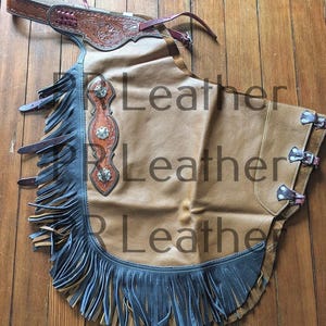 Western Chinks Chaps – Floral Tooled Yoke, Tan Brown Leather Riding Gear
