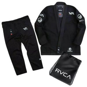 May include: A black martial arts uniform set, including a jacket, pants, and a drawstring bag. The jacket and pants have white logos and text. The drawstring bag has a white logo. The uniform is designed for martial arts training and competition.