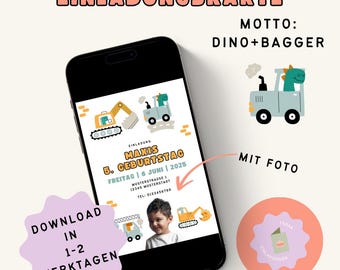May include: A personalized invitation card design with the theme "Dino+Bagger" displayed on a smartphone. The card features illustrations of construction vehicles and a dinosaur. The text includes the name "MAXIS", birthday details, and a photo.