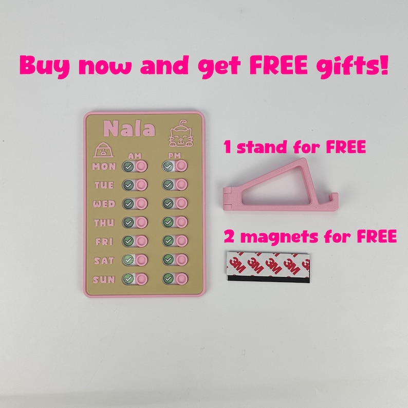 May include: A pink and tan weekly chore chart with the name "Nala" at the top, along with a pink phone stand and two magnets. The text "Buy now and get FREE gifts!" is at the top.