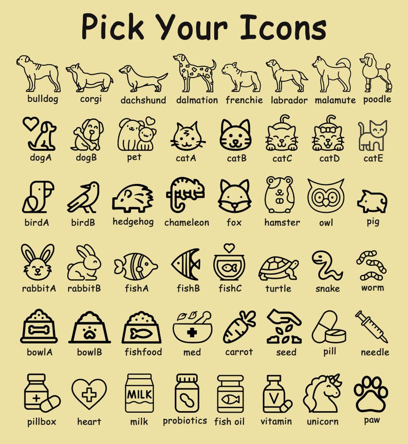 May include: A beige graphic with the text "Pick Your Icons" and various black line art illustrations of animals, food, and medical items. Includes dogs, cats, fish, and other animals, plus food bowls, pills, and a unicorn.