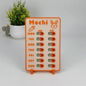 May include: An orange and white weekly planner with the word "Mochi" at the top, along with a carrot and bunny graphic. The planner has toggle switches for AM and PM, with days of the week listed. The planner is standing on a small orange stand.