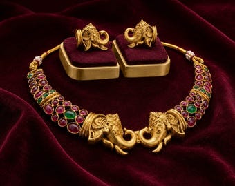 Conjunto de collar y pendientes con diseño de elefante real, joyería para bodas indias, collar y pendientes inspirados en templos, regalo festivo para ella.