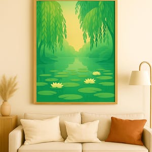 Willow Tree Pond with Lily Pads – Printable Weeping Willow Forest Wall Art – Digital Download in Calming Greens for Serene Interior Decor