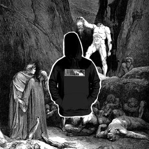 May include: Black hoodie with a rectangular graphic. The background is a black and white illustration of a scene from Dante's Inferno. The graphic on the hoodie appears to be a black and white image.