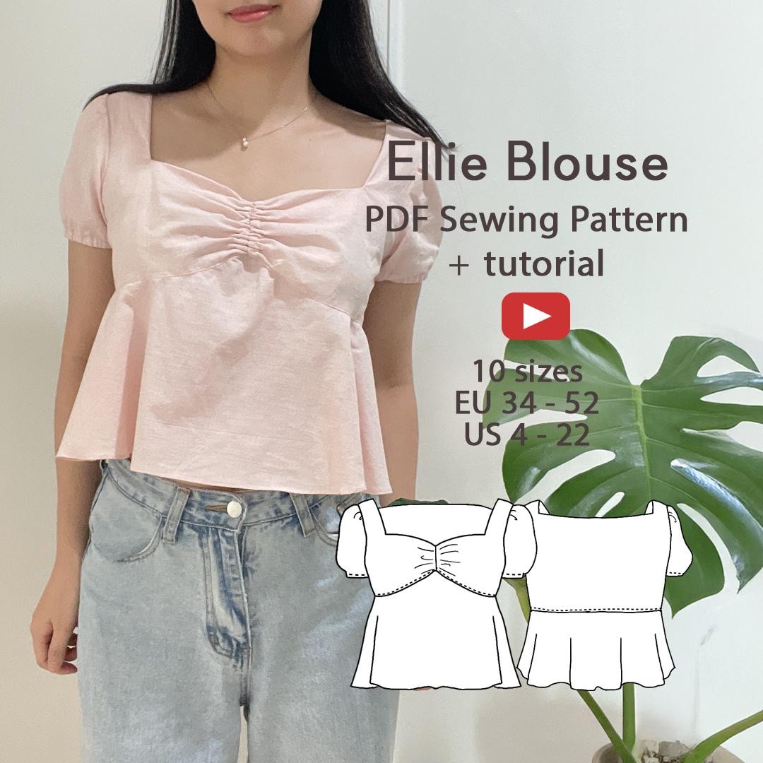 Ellie Blouse Sewing Pattern PDF | Sweetheart Neckline Puff Sleeve ...