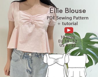 Molde de Costura em PDF para Blusa Ellie | Blusa com Decote Coração e Mangas Bufantes | Blusa com Busto Franzido e Barra com Babados | Molde para Blusa Cropped Fofa