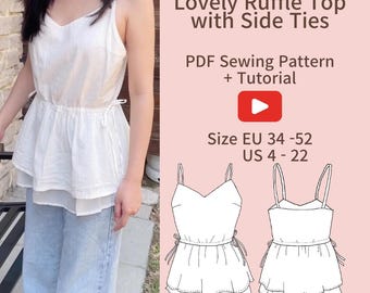 Ruffle Tie Cami Top Sewing Pattern, Side Tie Top, PDF Ruffle Top Pattern, Size 34-52, Lovely Blouse, Beginner Friendly, Summer Linen Blouse