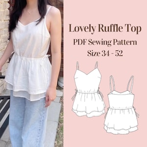 Ruffle Tie Cami Top Sewing Pattern, Side Tie Top, PDF Ruffle Top Pattern, Size 34-52, Lovely Blouse, Beginner Friendly, Summer Linen Blouse