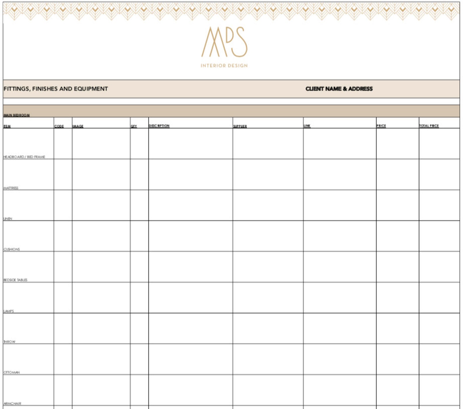 FF E Schedule Template CUSTOMISABLE Fittings Fixtures Equipment FF E Schedule Template CUSTOMISABLE Fittings Fixtures Equipment