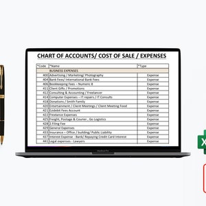 May include: A spreadsheet on a laptop screen displays a chart of accounts, cost of sale, and expenses. The spreadsheet lists business expenses with corresponding codes and types. The spreadsheet is labelled "Chart of Accounts/Cost of Sale/Expenses".
