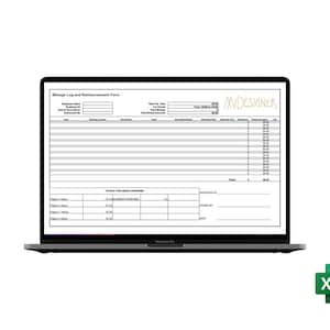 Puede incluir: Una plantilla de formulario de registro de kilometraje y reembolso en la pantalla de una computadora portátil. El formulario incluye campos para el nombre del empleado, autorizado por, fecha, kilometraje inicial, kilometraje final, kilometraje total, reembolso total y nombre del proyecto.