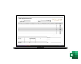 May include: A Mileage Log and Reimbursement Form template on a laptop screen. The form includes fields for employee name, authorized by, date, starting mileage, ending mileage, total mileage, total reimbursement, and project name.