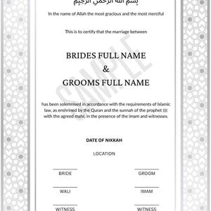 Plantilla editable de certificado Nikkah, certificado de matrimonio islámico, descarga instantánea