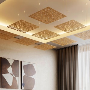 Set of 2 – QUADRO-HDF 50x50cm Decorative Suspended Ceiling Panel, Carved HDF Hanging Accent, Modern Floating Overhead Interior Decor