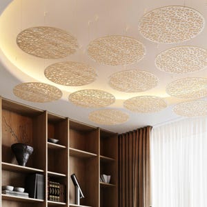 May include: A collection of circular, decorative ceiling panels with a light wood finish and intricate cut-out patterns. The panels are suspended from the ceiling, creating a unique design element. The room also features wooden bookshelves and a neutral color palette.