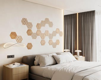 8 peças – Painéis decorativos de parede hexagonais geométricos | Azulejos de madeira 3D em formato de favo de mel | Arte de parede decorativa faça você mesmo para casa e escritório