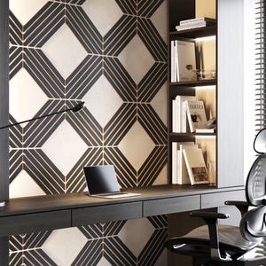 May include: A modern home office setup featuring a dark wood desk with a laptop and a black desk chair. The wall behind the desk has a geometric black and white pattern. A bookshelf with books and decorative items is to the right.