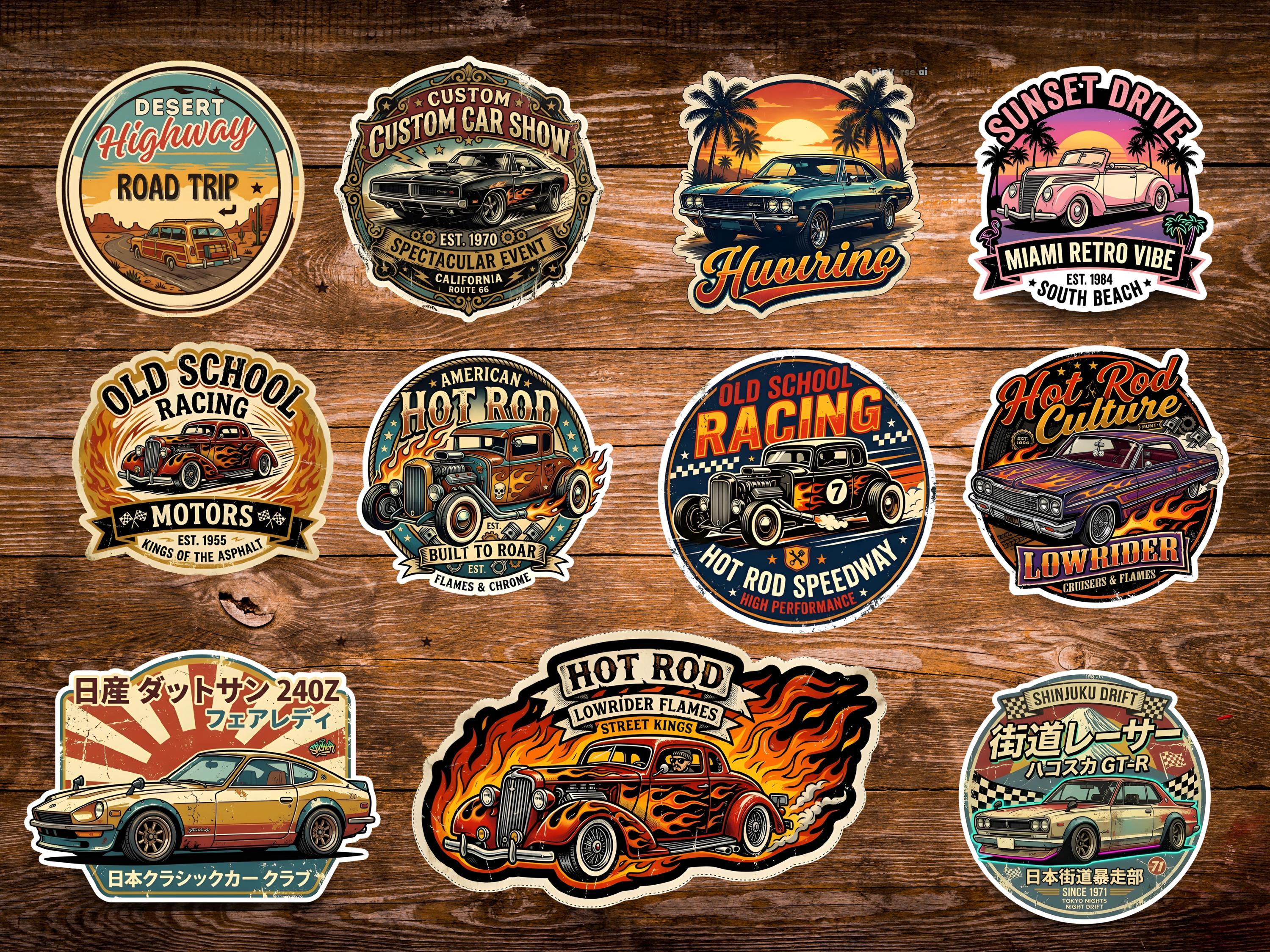 Vintage Car Sticker Pack, Classic American Car, Retro Muscle Car , Car ...